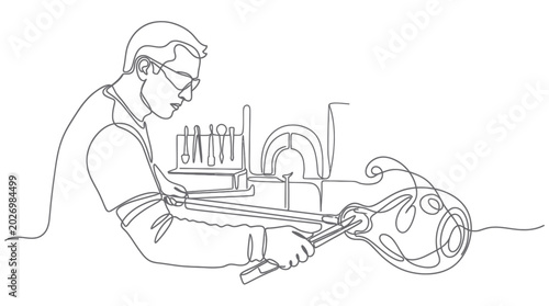 Fényképezés Glassblower working with molten glass, continuous line art