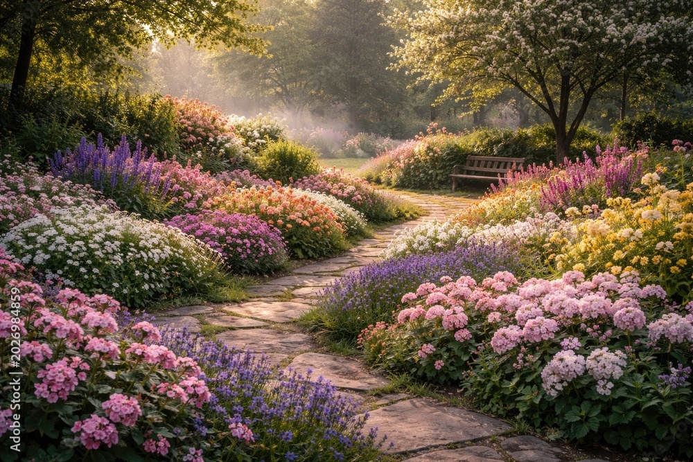 Fototapeta premium Serene garden landscape highlighting clusters of lovely small blossoming flowers