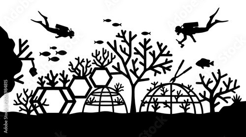 Foto Underwater Coral Reef Silhouette with Divers and Fish