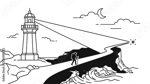 Billede på lærred Lighthouse guiding traveler on coastal path towards star at night