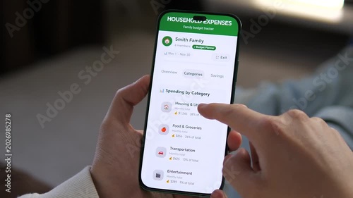Smart household budget planner in action. User scrolls through spending categories like utilities, food, and transport. Realistic smartphone interface for financial literacy and app reviews