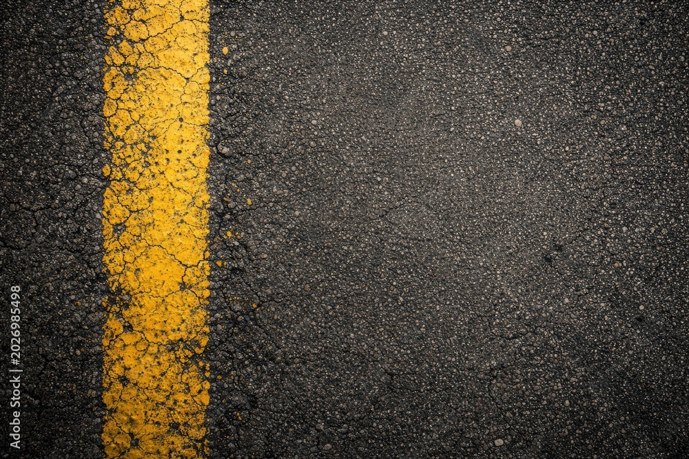 Fototapeta premium Worn yellow stripe on gritty asphalt pavement texture featuring copy space