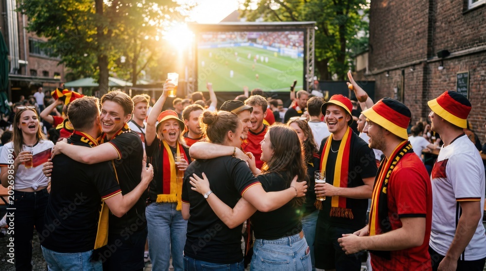 Obraz premium Cheerful german football soccer fans celebrating victory at outdoor public viewing event with beer