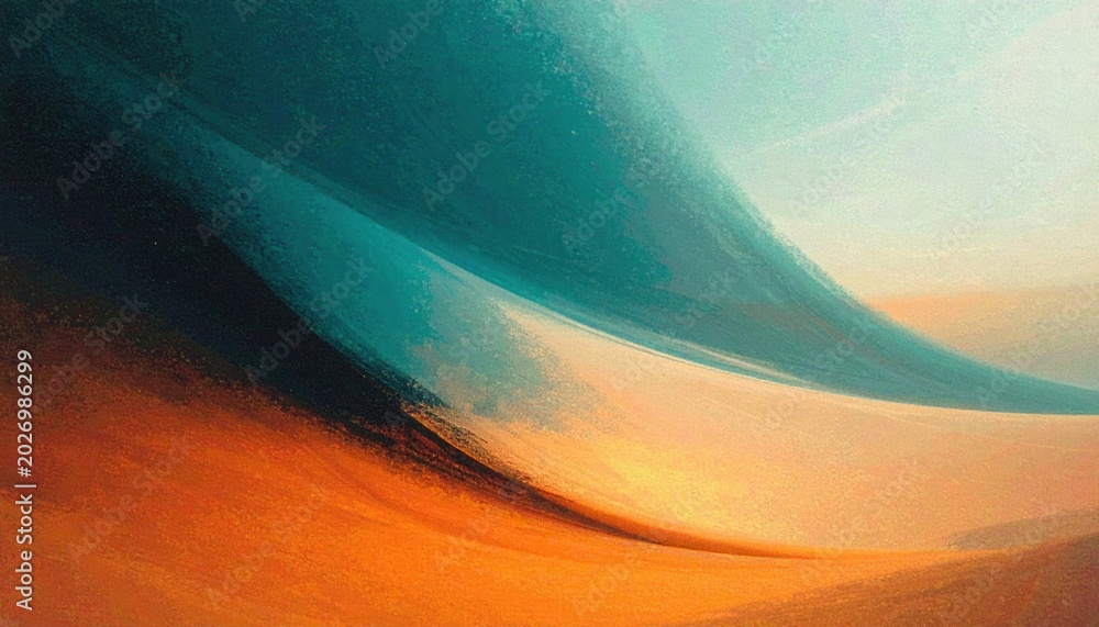 Naklejka premium Pintura abstrata de ondas e dunas em tons vibrantes de azul-petróleo e laranja queimado, com textura fluida e orgânica.