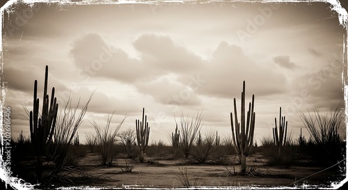 Cacti silhouettes stand tall under moody stormy sky in sepia toned desert landscape