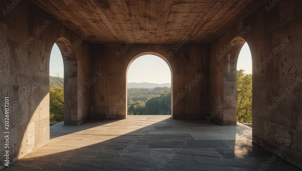 Fototapeta premium Architectural Chamber with Arched Openings Overlooking Lush Natural Landscape, Soft Morning Light