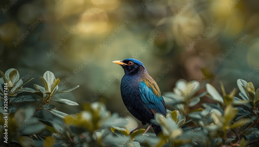 Fototapeta premium Adult Blue winged Pitta showing off bright feathers against soft foliage