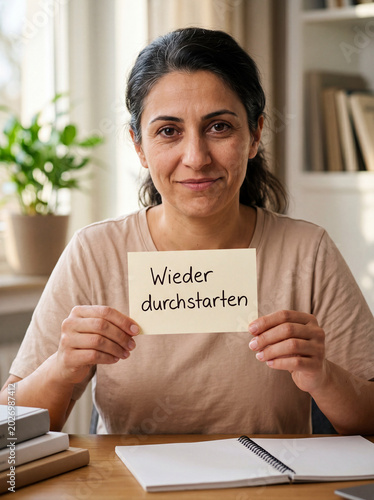 Lächelnde Frau mit mediterraner Heritage hält Karte Wieder durchstarten am Schreibtisch – Weiterbildung Wiedereinstieg Beruf
