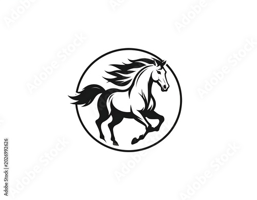 A black and white horse silhouette in a circular frame