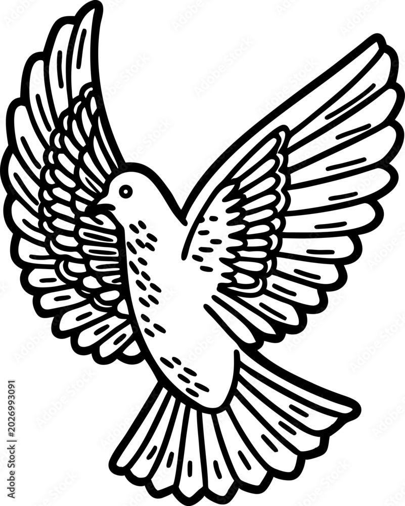 Obraz premium Dove bird with outstretched wings flying upward line art illustration of a peaceful white bird in motion