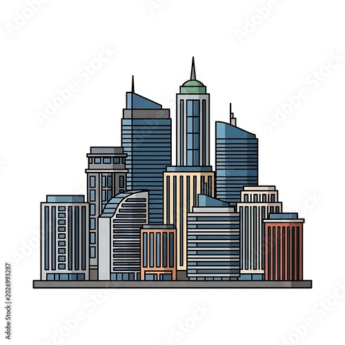 A modern city skyline with various tall buildings