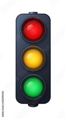 A vertical traffic signal with illuminated red, yellow, and green lights