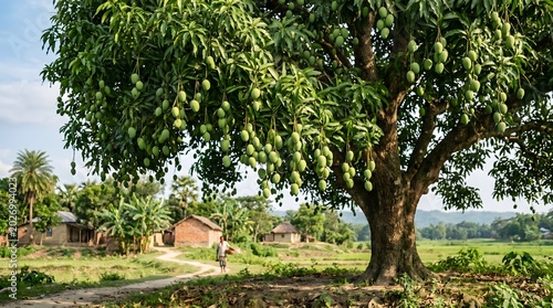 Large mango tree with dense green foliage in rural countryside landscape under clear sky