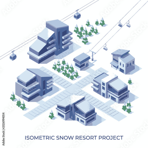 Isometric Snow Resort Project with Buildings, Ski Lifts, and Trees.