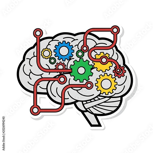 Abstract representation of a brain with colorful gears and connecting wires