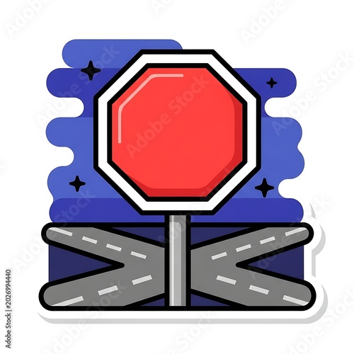 Blank red stop sign at a diverging road junction under a starry sky