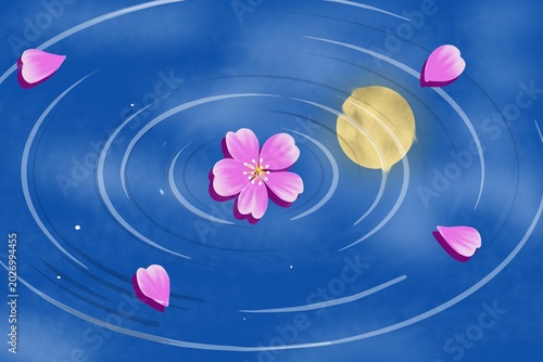 illustration of cherry blossoms falling on water on a full moon night