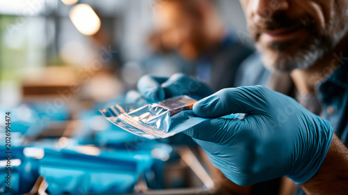 Close up of a gloved hand carefully packaging a small product into a bright sealed security bag the bag's tamper evident strip visible and intact in the clean overhead light