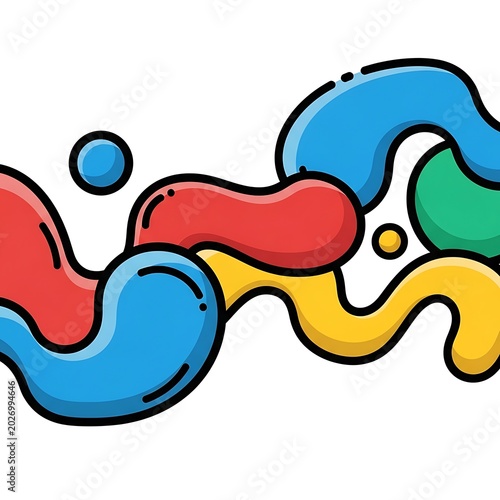 Bright, rounded, abstract forms flow across a white background