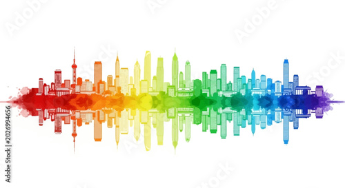 Rainbow cityscape sound wave