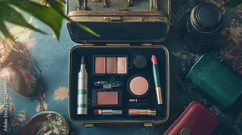 Travel Makeup Essentials Flat Lay on Suitcase Minimal Beauty Arrangement