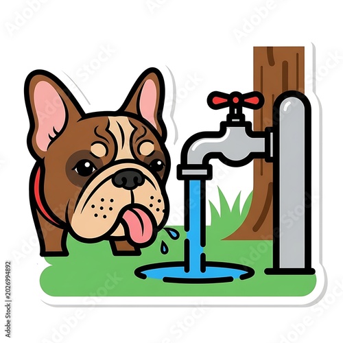 Cartoon French bulldog drinks from a park water fountain outdoors