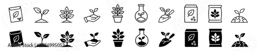 Fotografi Gardening and plant care vector icon collection with outline and filled seed bag