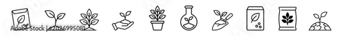 Gardening and plant care vector icon set with seed bags, sprouts, pots and botanical symbols on transparent background
