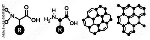 Tableau sur toile Black molecular chemistry vector icon set with amino acid formulas and graphene