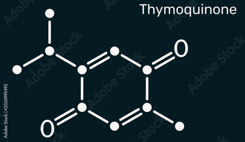 Thymoquinone molecule chemical structure, bioactive phytochemical compound of black cumin Nigella sativa. Dark blue background
