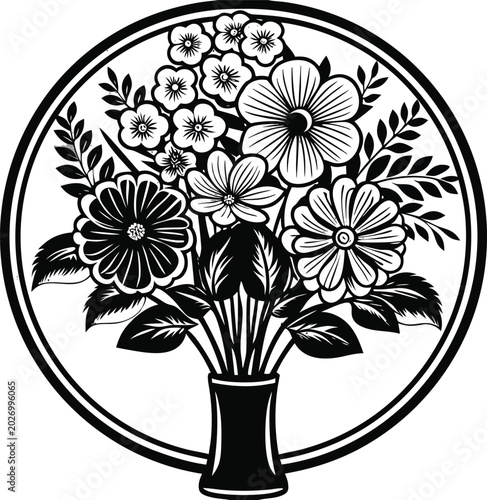 Black and white floral bouquet, circular frame, vase with flowers, monochrome illustration, decorative design element