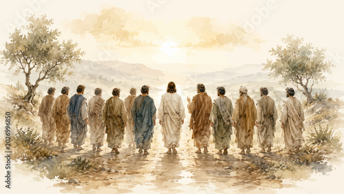 Fotografía A peaceful watercolor illustration of Jesus with twelve chosen disciples walking through a biblical landscape in a reverent Christian style