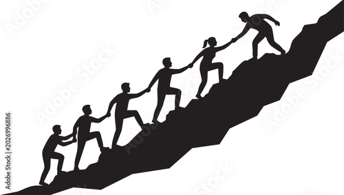 Fotografie Silhouette of a diverse team of people helping each other climb a mountain, representing leadership, cooperation, and collective effort towards success and goal achievement