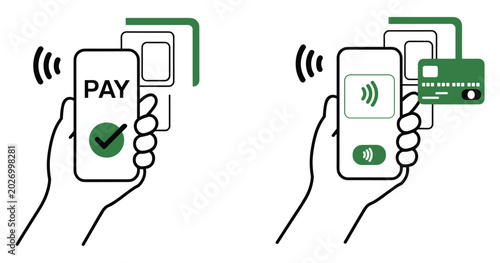 Photos Two line showing a hand holding a smartphone for contactless payment and a hand