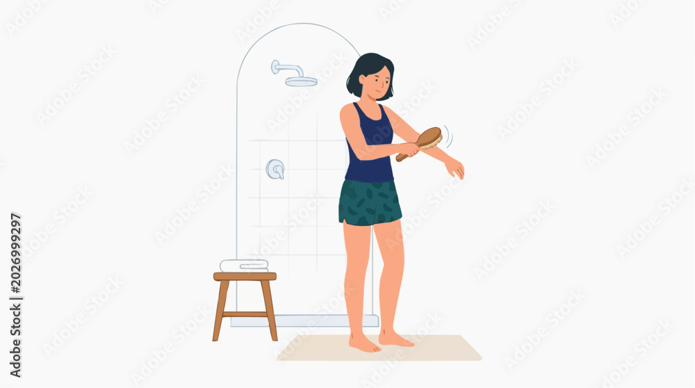 Fototapeta premium Woman dry brushing her arm in a bathroom with a shower and stool