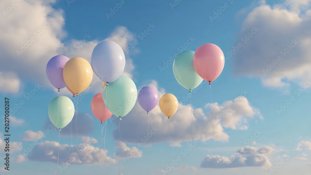 Fototapeta premium Colorful hot air balloons floating in blue sky with fluffy white clouds background