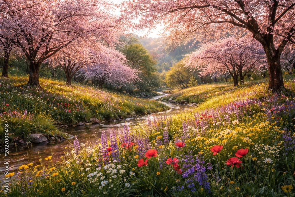 Fototapeta premium Spring landscape bursting with colorful wildflowers and blossoming cherry trees in a quiet natural location