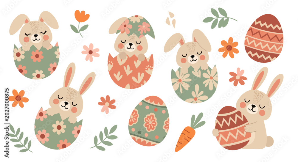 Fototapeta premium Cute Easter Bunny and Egg Vector Illustration Set