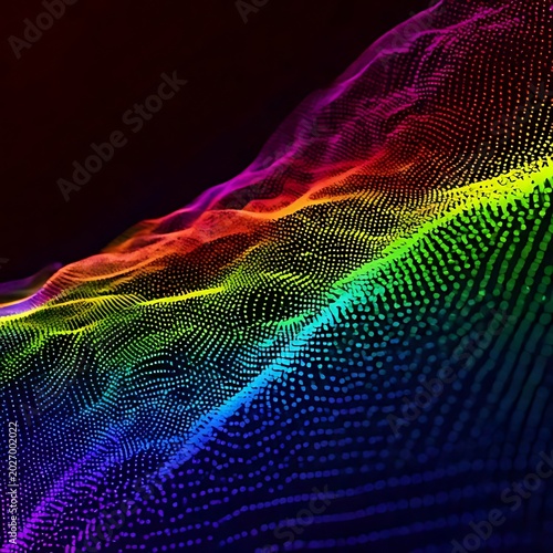 Vibrant, glowing particle mesh waves in a rainbow gradient
