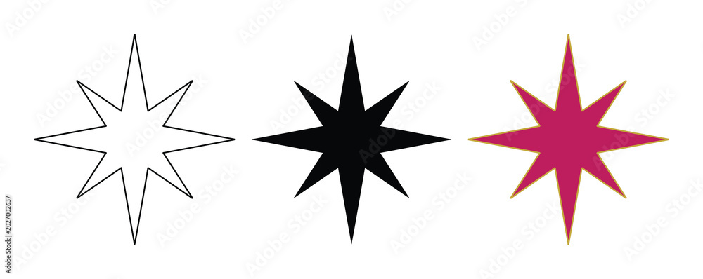 Obraz premium Minimalist star icons set, black and pink eight point starburst vectors, geometric sparkle elements for graphic design and branding