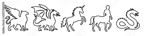 Bild auf Leinwand Mythological creatures line art set, 5 fantasy beast icons including dragon and
