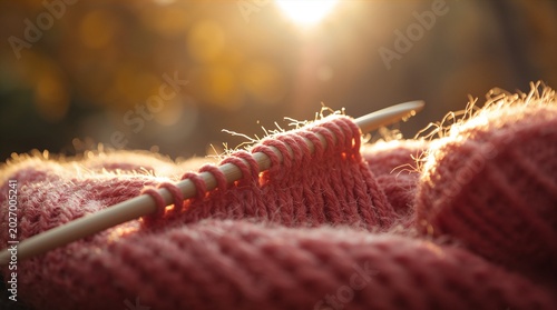 Pink knitting needles with wool yarn in warm golden sunlight crafting concept
