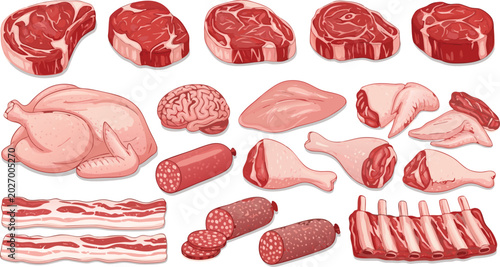 Bild auf Leinwand Raw Meat Illustration Set Featuring Beef Steaks, Chicken Cuts, Bacon, Sausages,