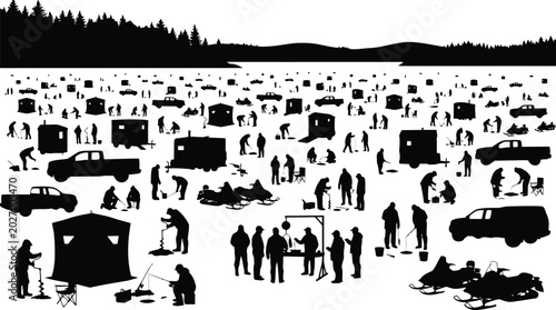 Large outdoor camping event crowd with tents vehicles and people silhouette illustration isolated on white background