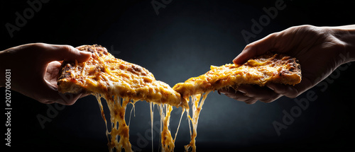 People Sharing Cheesy Pizza Slices. Friendship and Casual Dining Idea.