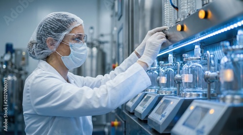 Female scientist in protective gear operating industrial pharmaceutical manufacturing equipment in a sterile laboratory.