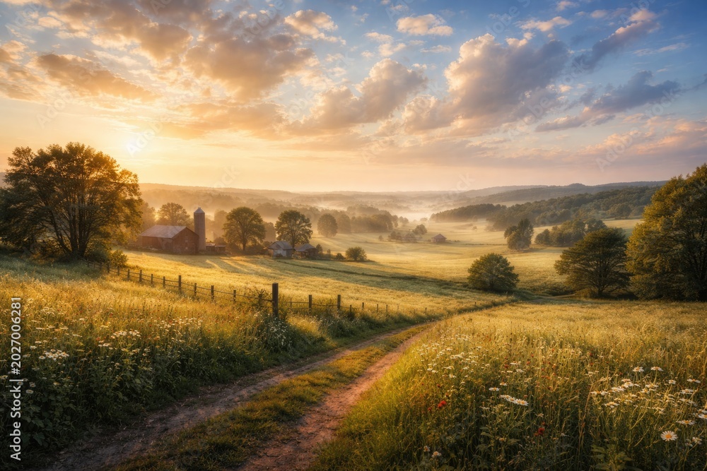 Fototapeta premium Serene rural panorama under a sky filled with soft white clouds and warm morning hues