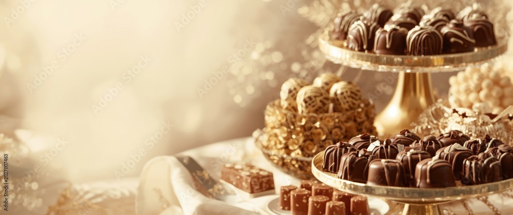 Fototapeta premium Chocolate angel confectionery styled for baptism party header with copyspace