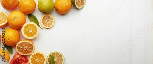 Obraz  z motywem Fresh Citrus Fruits Arrangement Top View on White Backdrop, Copy Space