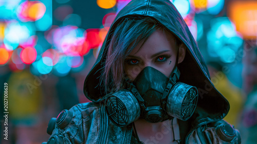 cyberpunk girl with gas mask in neon city, futuristic woman in leather hoodie and respirator, sci fi female warrior with glowing eyes